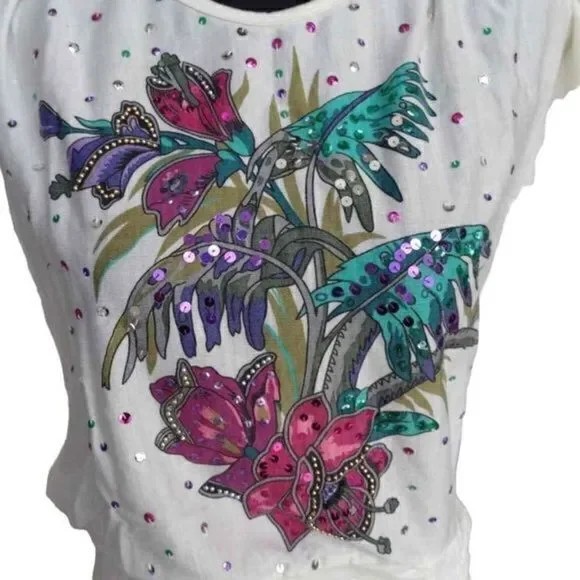 Bonnie Boerer Sequin Tropical Flower Dolman Sleeve Top Sz PS - Picture 2 of 14